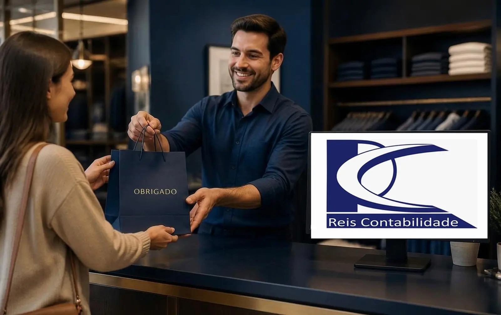 Lojista entregando uma compra a um cliente no balcão de uma loja